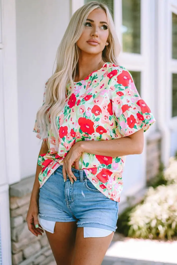Passionate Petals- Fiery Red Floral V-Neck Blouse with Ruffled Sleeves