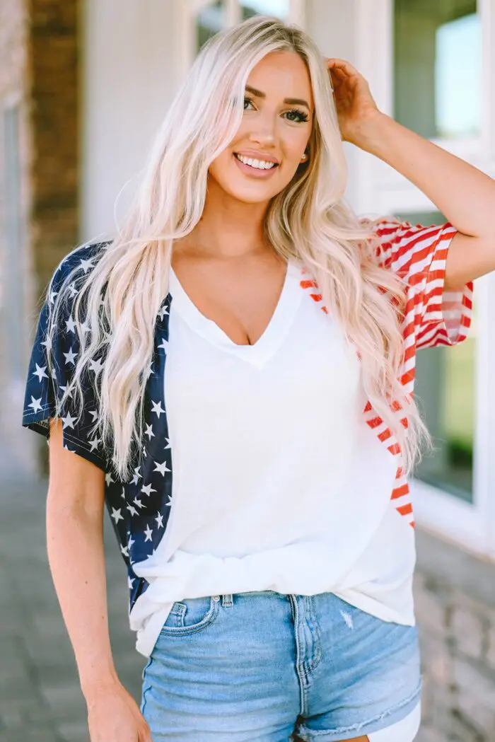 Classic White V-Neck Tee with US Stars and Stripes Design