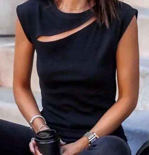 Edgy Black Cap Sleeve T-Shirt with Stylish Slash Cutout Design
