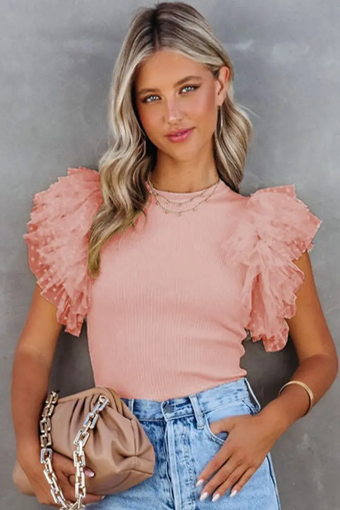 Pretty in Pink-Dotty Mesh Ribbed Knit Top with Ruffle Sleeves Pink Mesh Top