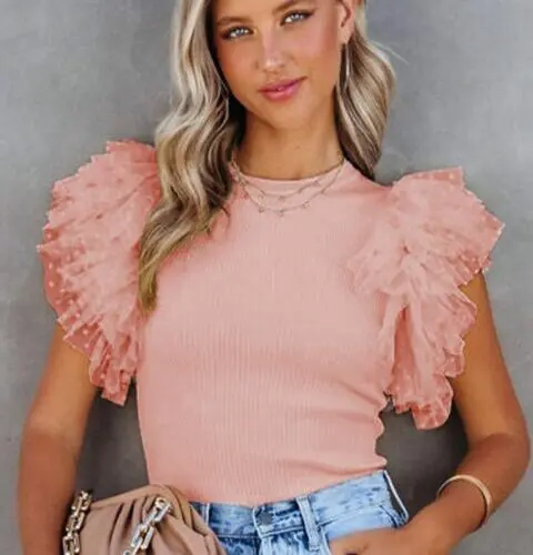 Pretty in Pink-Dotty Mesh Ribbed Knit Top with Ruffle Sleeves Pink Mesh Top