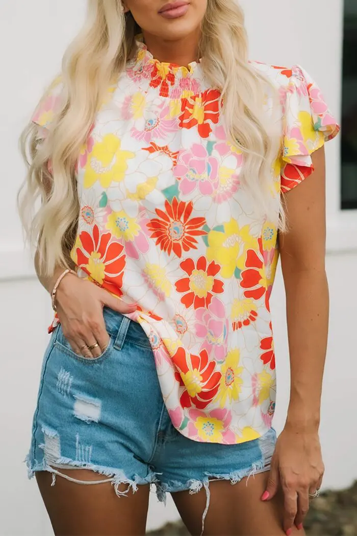 Vibrant Multicolor Floral Top with Stand Collar and Flutter Sleeves