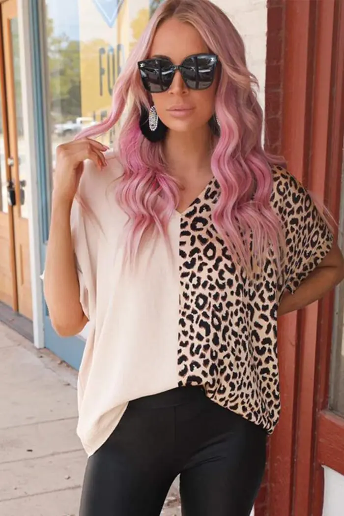 Safari Chic-Khaki Color Block Blouse with Leopard Accents