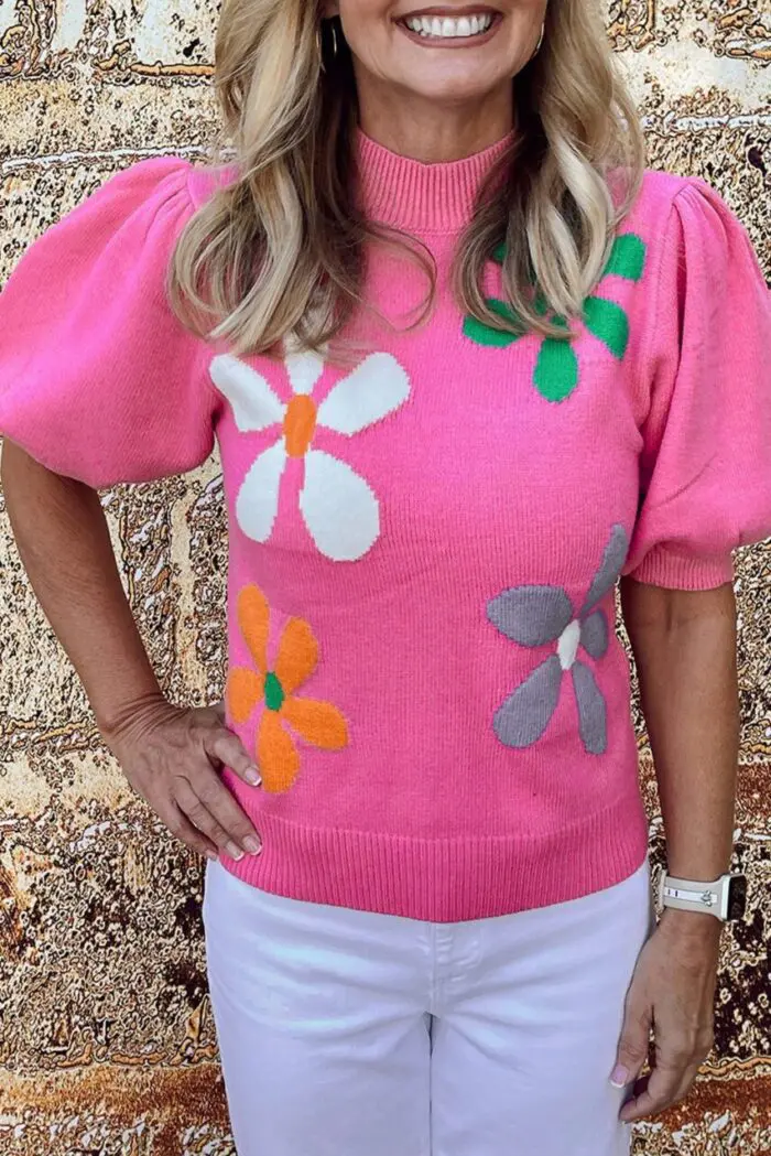 Bright Pink Floral Short Sleeve Sweater with Bubble Texture