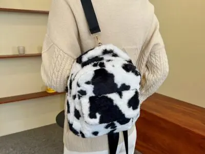 Cows Pattern Furry Backpack - Soft Velvet Bag for Women
