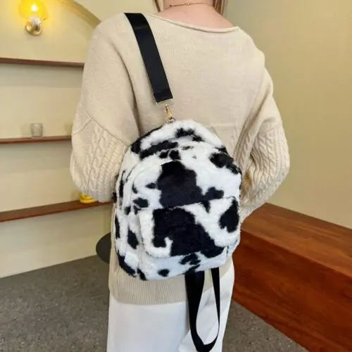 Cows Pattern Furry Backpack - Soft Velvet Bag for Women