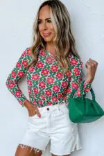 Fiery Red Retro Floral Print Top with Stretchy Long Sleeves