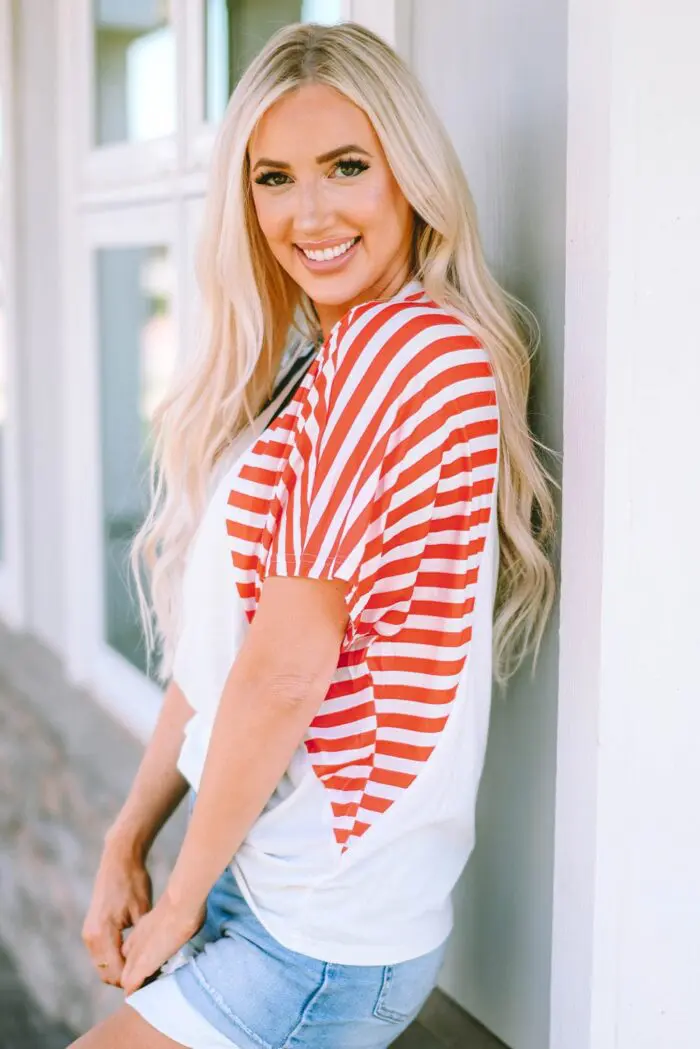 Classic White V-Neck Tee with US Stars and Stripes Design