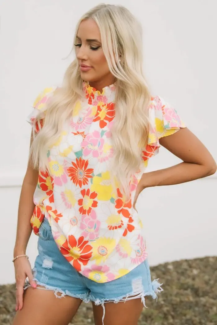 Purple Floral Top with Multicolor Stand Collar and Flutter Sleeves