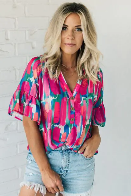 Rose Blouse with Abstract Brushwork Print and Buttoned V-Neck Detail