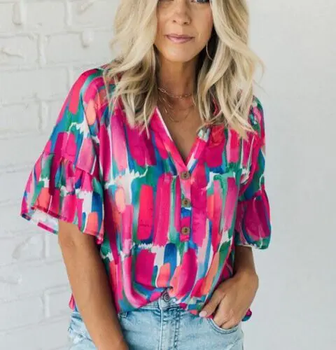 Rose Blouse with Abstract Brushwork Print and Buttoned V-Neck Detail