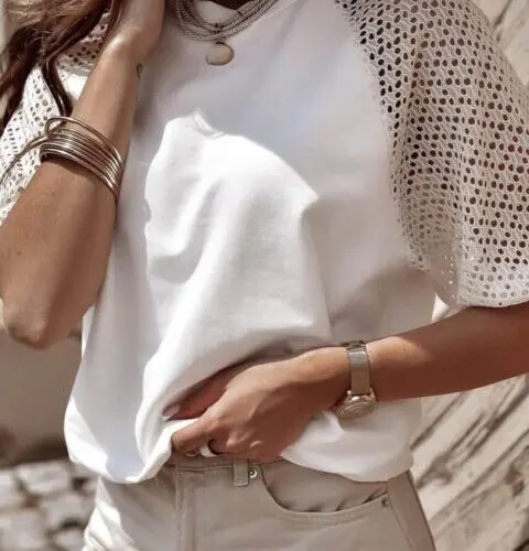 Airy Elegance- White Lace Tee with Half Sleeves