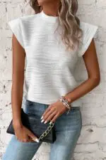 Wavy White Elegance-Textured Mock Neck Cap Sleeve Top