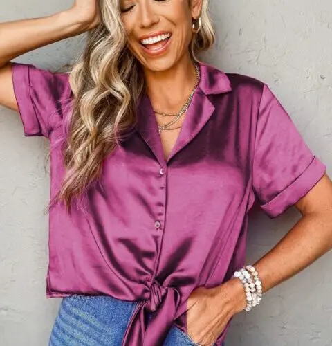 Elegant Rose Red Satin Shirt with Folded Cuffs and Short Sleeves