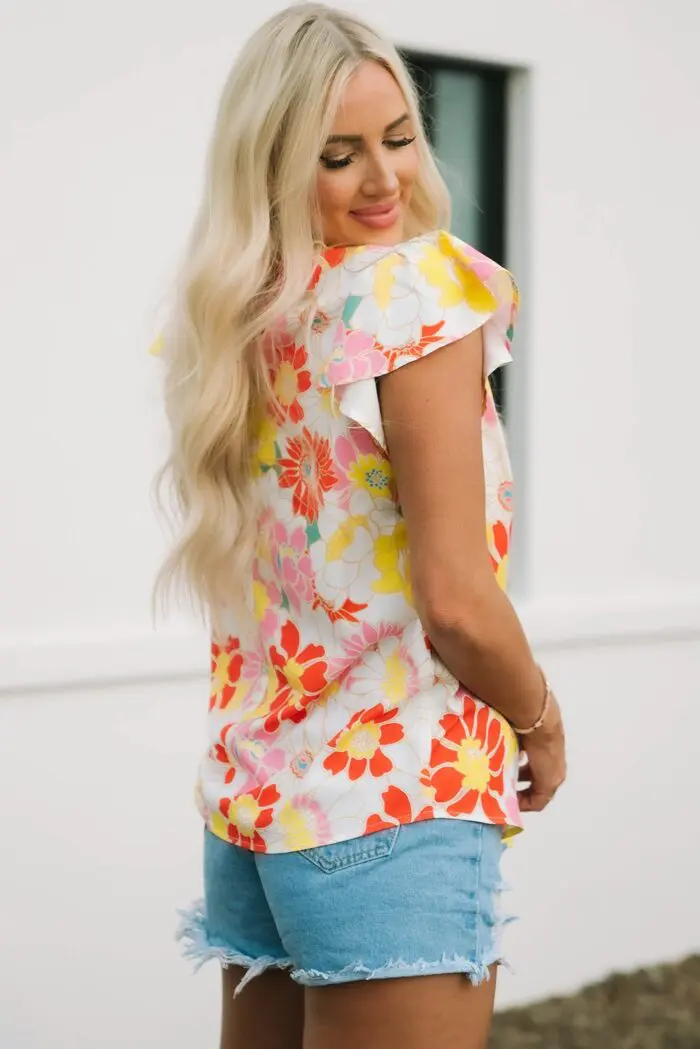 Purple Floral Top with Multicolor Stand Collar and Flutter Sleeves