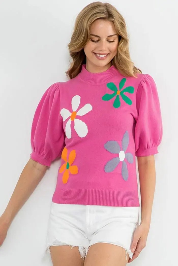Bright Pink Floral Short Sleeve Sweater with Bubble Texture