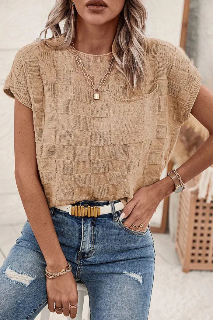 Smoke Gray Lattice Textured Short Sleeve Knit Sweater for Effortless Style