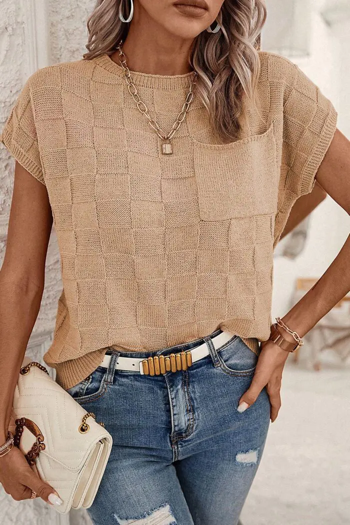 Smoke Gray Lattice Textured Short Sleeve Knit Sweater for Effortless Style