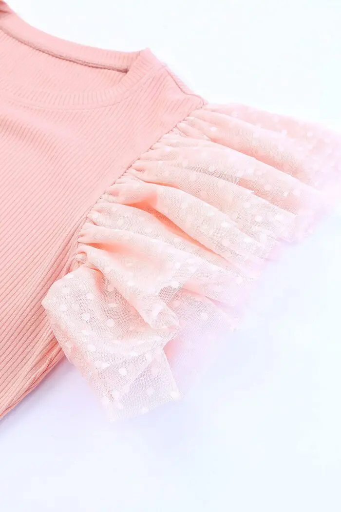Pretty in Pink-Dotty Mesh Ribbed Knit Top with Ruffle Sleeves Pink Mesh Top