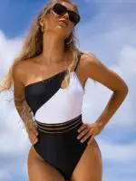 Cute One-Shoulder Swimsuit for Women with Stylish Colorblock Design