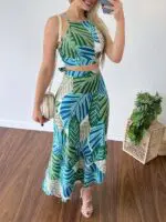 Chic Printed Short Tether Tank Top with High Waist Skirt Two-Piece Set for Women