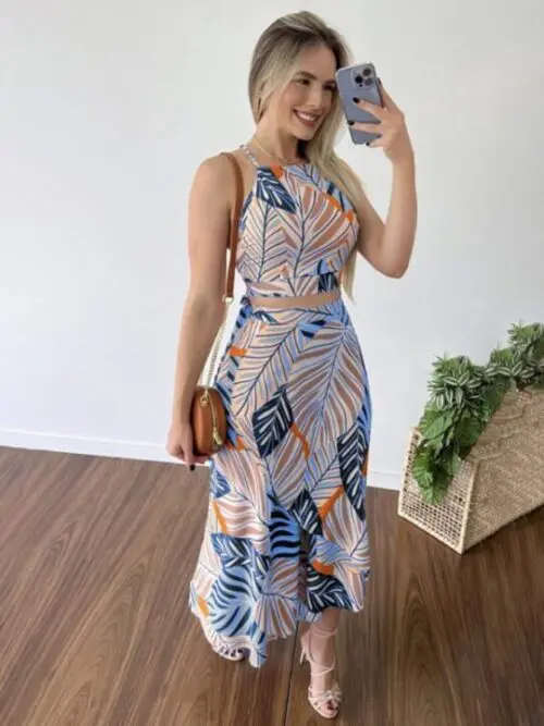 Chic Printed Short Tether Tank Top with High Waist Skirt Two-Piece Set for Women