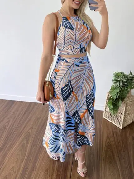 Chic Printed Short Tether Tank Top with High Waist Skirt Two-Piece Set for Women