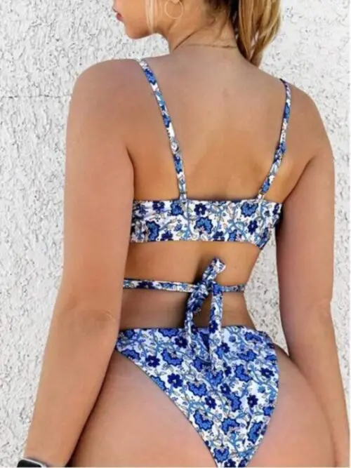 Split Swimsuit with Cross-String Digital Print and Hook-Edge Detail