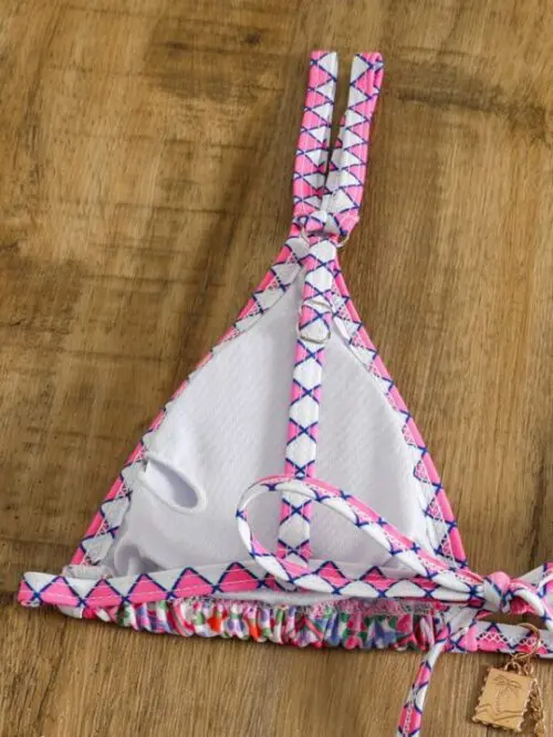 Two-Piece Bikini with Positioning Print, Suspenders, and Sexy Lace-Up Detail
