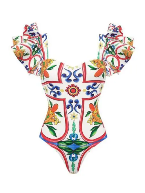 New Ruffled Enamel Print One-Piece Swimsuit- Perfect for Beach Vacation