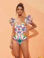 New Ruffled Enamel Print One-Piece Swimsuit- Perfect for Beach Vacation