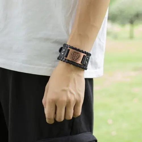 Nordic Viking Totem Triangle Energy Leather Bracelet – Symbolize Strength and Tradition in Men's Fashion