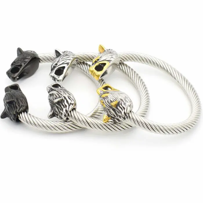 Crafted Large Grey Wolf Head Torc Bracelet- Handcrafted Stainless Steel Elegance Inspired by Norse Tradition