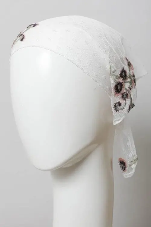 Tulle Lace Embroidered Poppy Headscarf- Embrace Elegance with Floral Delicacy