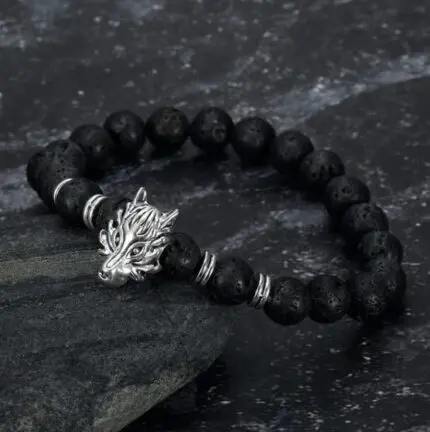 Crafted Grey Wolf Head and Lava Stone Bracelet- Channel Norse Spirit with Handcrafted Elegance