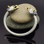 Crafted Large Grey Wolf Head Torc Bracelet- Handcrafted Stainless Steel Elegance Inspired by Norse Tradition