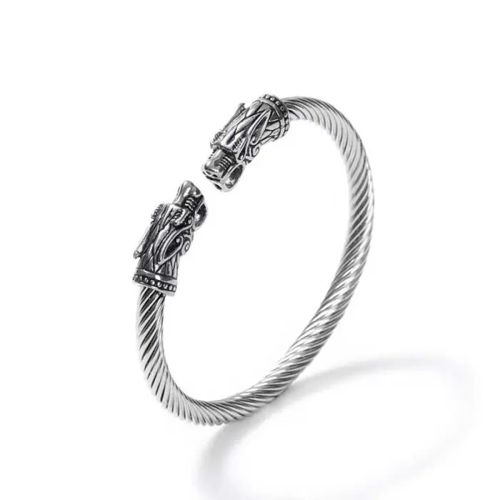 Crafted Large Grey Wolf Head Torc Bracelet- Handcrafted Stainless Steel Elegance Inspired by Norse Tradition