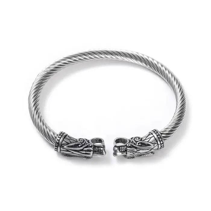 Crafted Large Grey Wolf Head Torc Bracelet- Handcrafted Stainless Steel Elegance Inspired by Norse Tradition