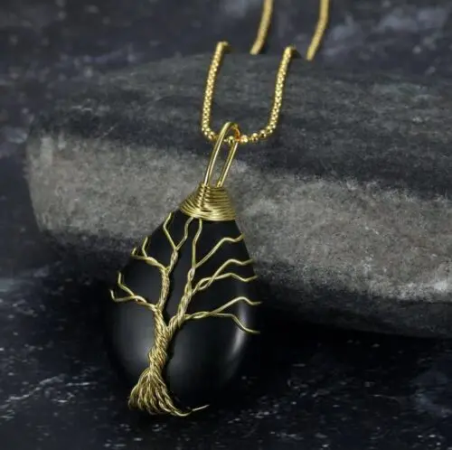 Enchanting Celtic Tree of Life Pendant – Teardrop Semi-Precious Stone Necklace for Nature Lovers