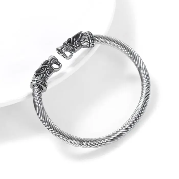 Crafted Large Grey Wolf Head Torc Bracelet- Handcrafted Stainless Steel Elegance Inspired by Norse Tradition