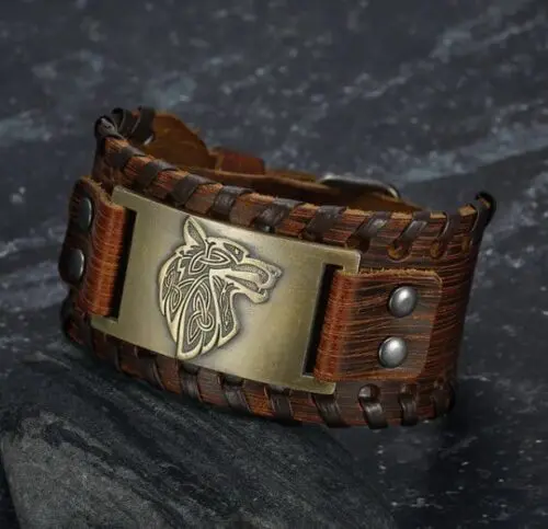 Handmade Engraved Bracelet: Design Leather Buckle Arm Cuff - Handcrafted Norse-Inspired Wearable Art