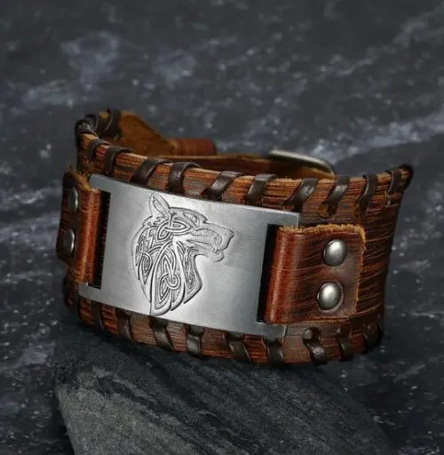 Handmade Engraved Bracelet: Design Leather Buckle Arm Cuff - Handcrafted Norse-Inspired Wearable Art