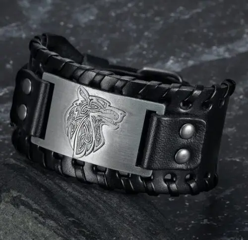 Handmade Engraved Bracelet: Design Leather Buckle Arm Cuff - Handcrafted Norse-Inspired Wearable Art