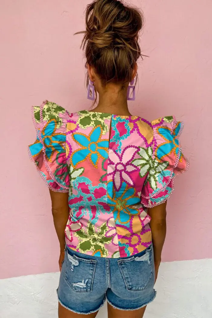 Vibrant Multicolor Floral Print Blouse with Exquisite Ruffle Trimmed Sleeves