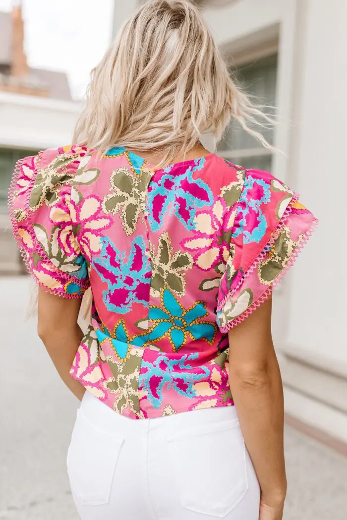 Vibrant Multicolor Floral Print Blouse with Exquisite Ruffle Trimmed Sleeves