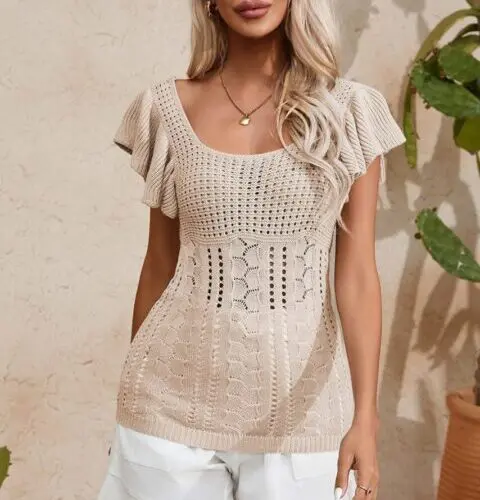 Beige Knit Sweater with Delightful Flutter Sleeves