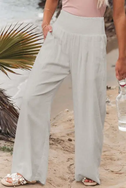 White High-Waist Wide Leg Pants with Smocked Waistband