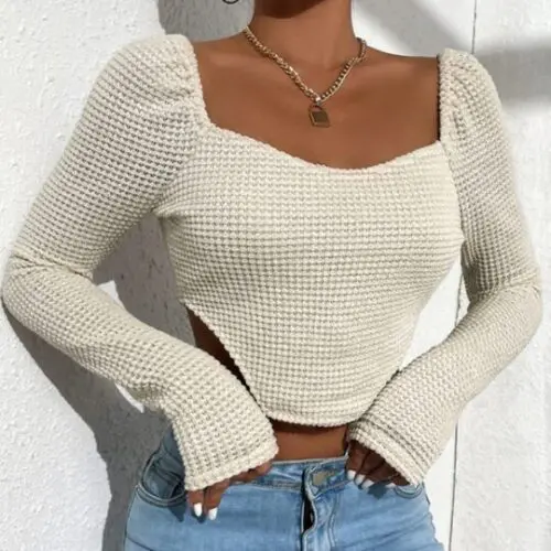 Hollow Tight-Fitting Sexy Top with Irregular Split Hem