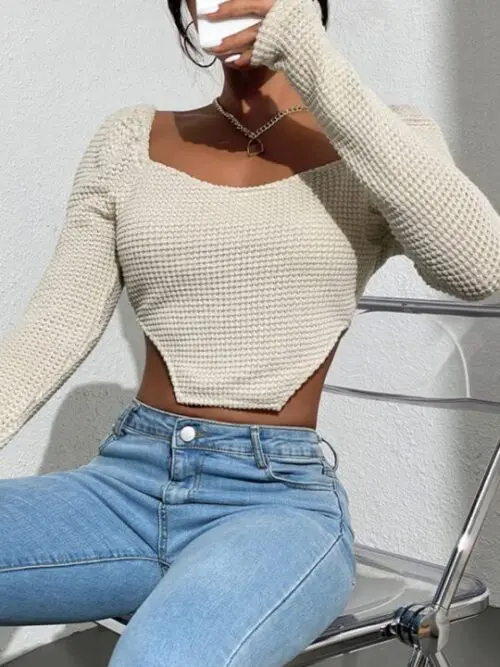 Hollow Tight-Fitting Sexy Top with Irregular Split Hem