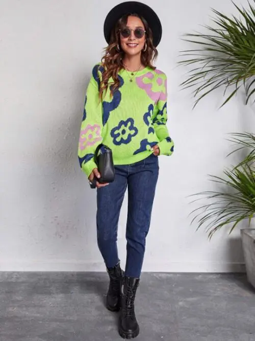 Flower Jacquard Off-Shoulder Knitted Sweater